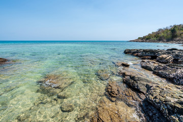 Fototapeta na wymiar beautiful soft wave clear blue transparency sea ocean water and rocks at the bottom of the tropical paradise beach coast summer sea view at PP Island, Krabi, Phuket, Thailand.