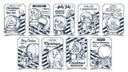 Christmas Holiday Advertising Posters Set Vector. Christmas Snow Balls Souvenir, Decorated Fir-tree And Present Boxes Collection. Xmas Gifts Template Retro Style Monochrome Illustrations
