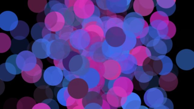 Abstract circle particle movement on isolated black background. Many pink purple and blue round shape. Group of colorful spots. 4K footage video. Motion graphic design