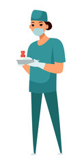 Vector character nurse holds tray with medicines