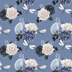 Beautiful seamless floral pattern with watercolor blue flowers, white roses and dragonflies . Stock illustration.