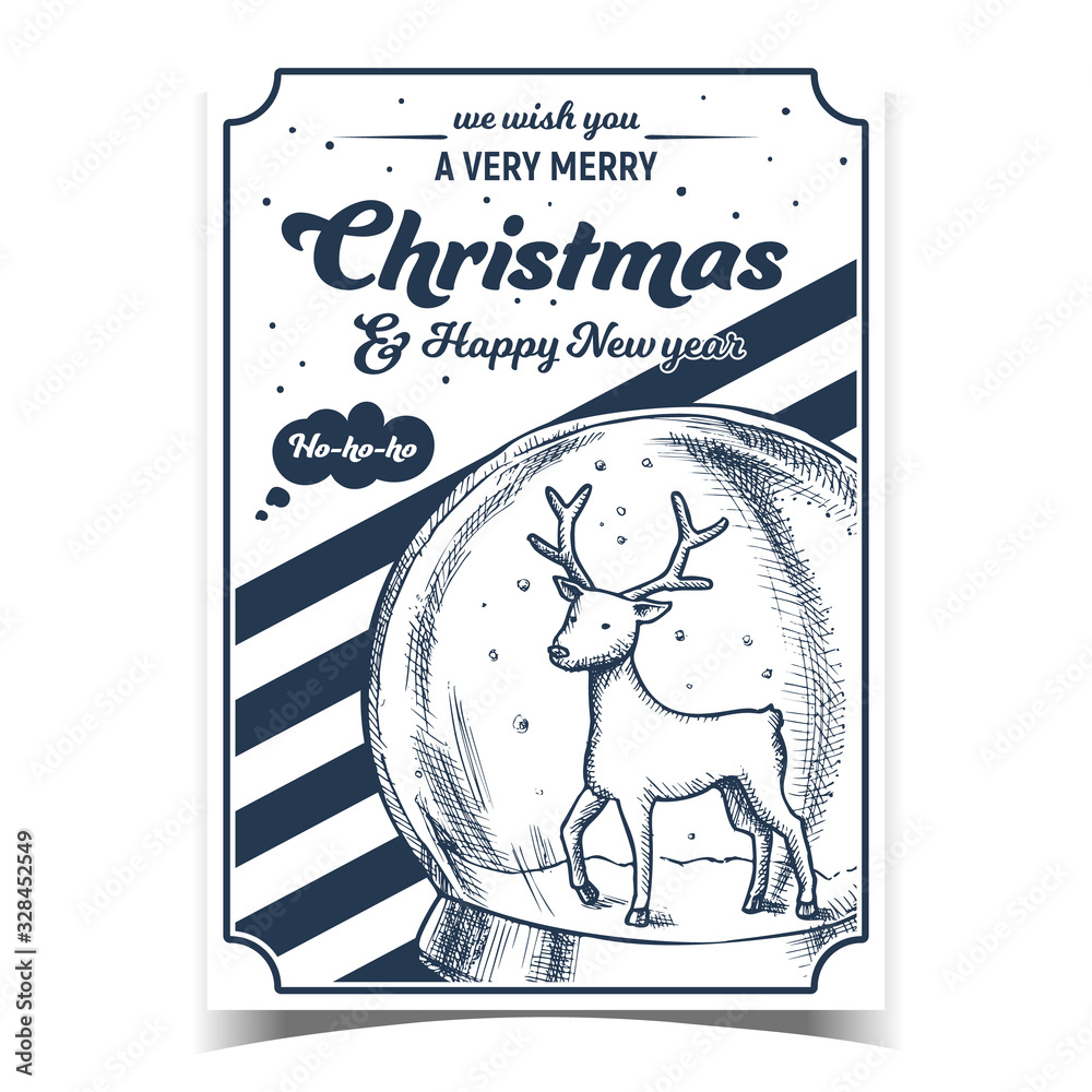 Sticker Christmas And New Year Advertise Banner Vector. Christmas Snow Globe With Deer Souvenir. Spherical Glass Xmas Present Sphere Template Designed In Vintage Style Monochrome Illustration