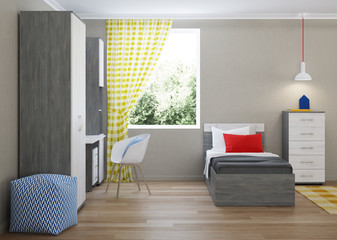 Cozy stylish bedroom designed for a teenager. Bright interior with bright accents. 3D rendering.