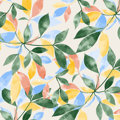 Colorful leaves seamless pattern, watercolor vector