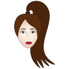 Color vector illustration of the face of a brunette girl. Full face. Long hair gathered in a ponytail. Brown eyes. A piercing look. Puffy lips. Face on an isolated background. Idea for book, magazine.