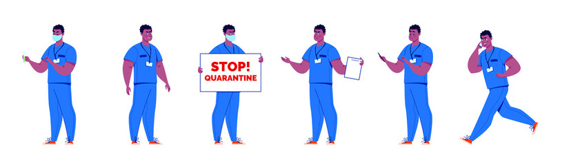 Doctor character creation set with various poses and gestures. Isolated. Male doctor.