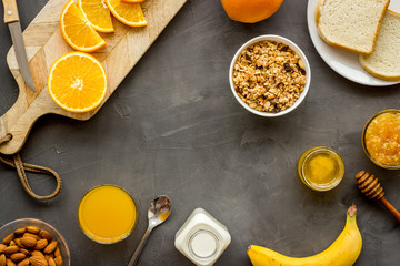 Breakfast with granola mockup on grey background top-down copy space