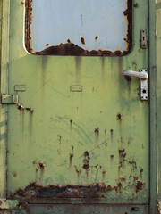 old metal train door, green metal door, rusty door texture, train door background