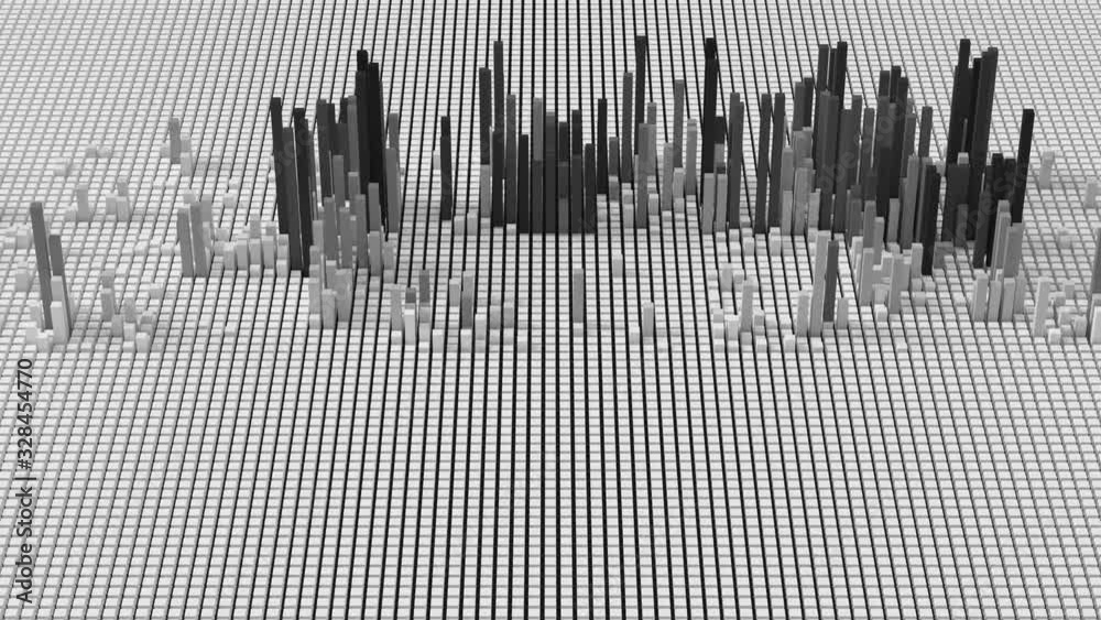 Poster 3d render of grid of blocks with pushing up details. complex digital and analysing concept. technolo