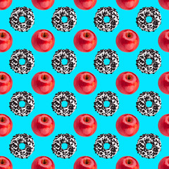 Seamless pattern chocolate donuts and red apples isolated on blue background, healthy vs junk food concept, cakes or fruits diet design, fresh fruit dieting or sweet dessert choice, sugar vs vitamins