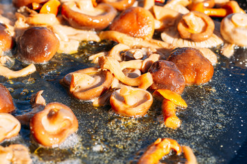 pan with mushrooms frying with hot oil in the foreground. Close-up