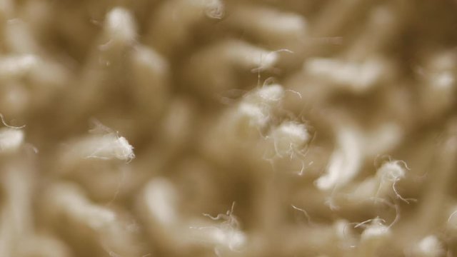 Threads of beige color towel macro. Texture is similar to the texture of a fleecy knotted-pile carpet. Chaotic pattern of villi on fabric material. Refocusing. Zoom in Loop footage