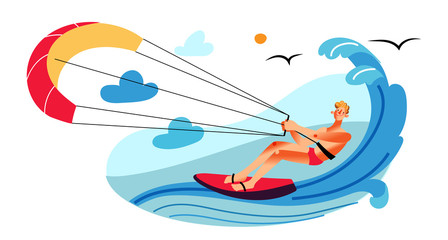 Man parasailing on surfboard behind motor boat
