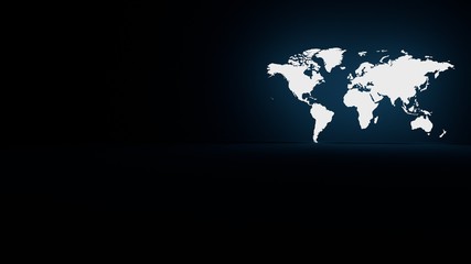 Glowing world map in a dark blue room 