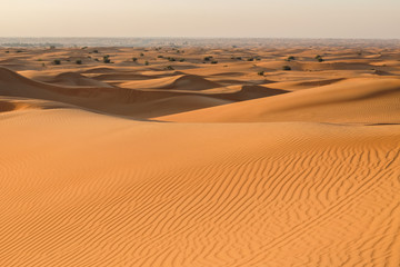 Desert landscape in the RUB al-Khali desert . The texture of sand dunes in the desert is yellow and orange. Red and yellow sand dunes