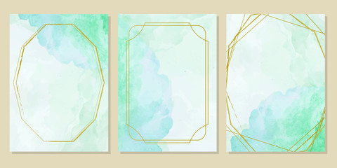 green abstract watercolor texture background with golden frame