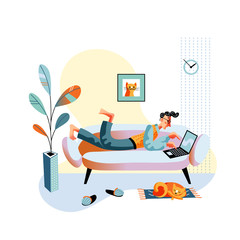 Obraz premium Man lying on sofa and typing on laptop keyboard