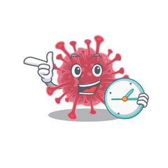 Cheerful coronavirus disease cartoon character style with clock