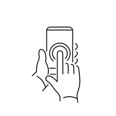 Obraz premium Vector linear phone and technology icons with double tapping on smartphone touchscreen with one finger gesture | flat design thin line modern black illustration and infographic on white background