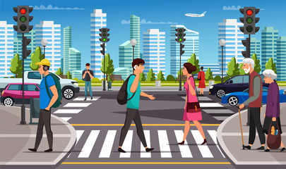 City life, crosswalk and pedestrian crossing road