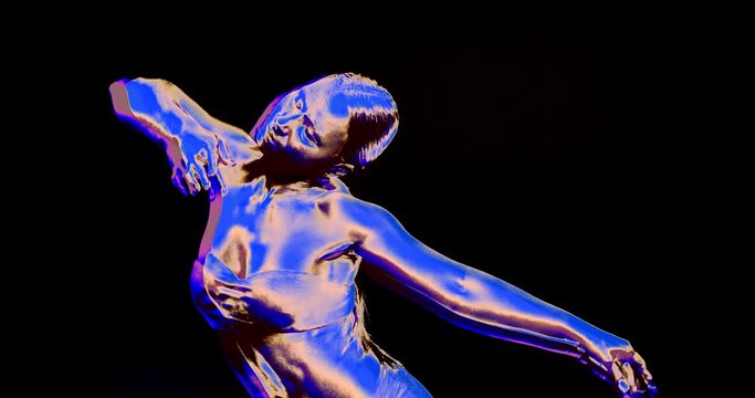 Oriental dance of a girl in a parallel state of psychedelic experience shimmering with different colors on a black background