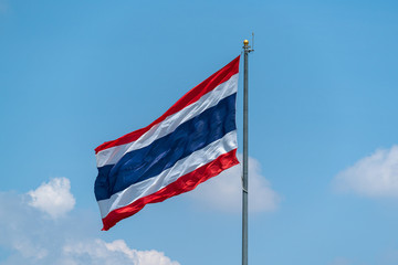 National flag of Thailand with blue sky.