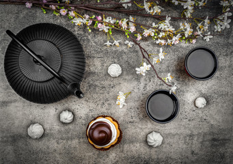 Japanese tea pot on the dark background. Top view