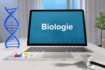 Biologie – Medizin, Gesundheit. Computer im Büro mit Begriff auf dem Bildschirm. Arzt, Krankheit, Gesundheitswesen