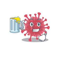 Cheerful coronavirus disease mascot design with a glass of beer