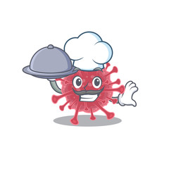 Coronavirus disease as a chef cartoon character with food on tray
