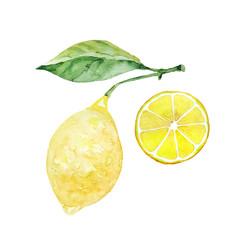 Lemon on a branch with a leaf and a slice of lemon. Watercolor illustration. Isolate on white background. Great for cards, invitations, congratulations, party feeding