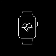 Vector smart watch linear icon with heartbeat on smartwatch screen | flat design thin line white modern illustration and infographic isolated on black background