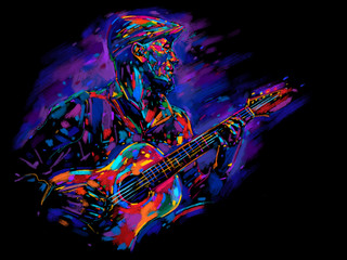 Musician with a guitar. Rock guitarist guitar player abstract illustration with large strokes of paint  - obrazy, fototapety, plakaty