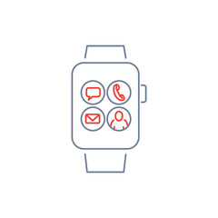 Vector smart watch linear icon with icons on smartwatch display screen | flat design thin line blue and red modern illustration and infographic isolated on white background