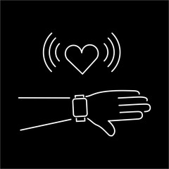 Vector smart watch linear icon with love heart message on smartwatches touchscreen display hand gesture | flat design thin line white modern illustration and infographic isolated on black background