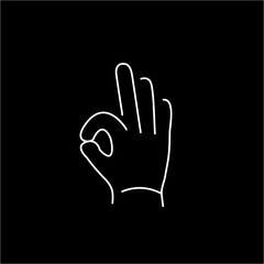vector modern flat design linear icon of okay hand gesture | white thin line pictogram isolated on black background