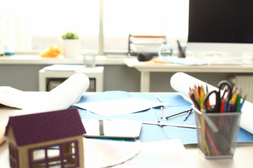 Construction Office Engineer Empty Working Table. Drawing for Building, Engineering Sketch. Professional Builder Equipment, Architect Measuring Tools. Maintenance Service Elements at Workplace