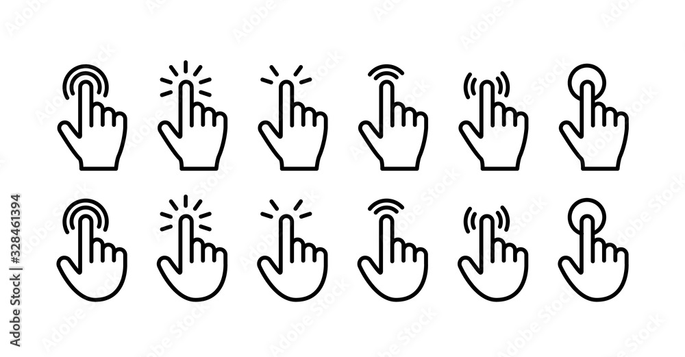 Poster Index finger click icons set. Vector line style.
