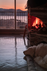 A white Kuvasz dog relaxing at home near the fireplace with the sea in the background 
