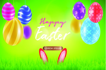 Happy Easter day celebration party. 3D egg with grass and sun with happy easter text in the spring season on a background. for banner, greeting card, social media advertising