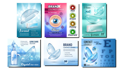 Contact Lenses Advertising Banners Set Vector. Collection Creative Advertise Posters With Lenses Medical Device For Correct Vision, Boxes And Bottles. Concept Template Realistic 3d Illustrations
