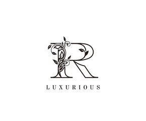 Vintage Letter R Logo. R Letter Design Vector with Black Color and Floral Hand Drawn.