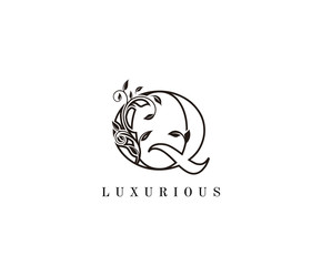 Vintage Letter Q Logo. Q Letter Design Vector with Black Color and Floral Hand Drawn.