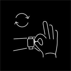 Vector smart watch linear icon with rotating digital crown button on smartwatch with two fingers gesture | flat design thin line white modern illustration and infographic isolated on black background