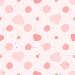 Vector seamless pattern with watercolor hearts and grunge elements on a pink background.