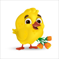 Cute and sweet happy easter baby chick with orange tulip flowers bouquet isolated on white background. Vector illustration of smiling yellow bird in 3d style funny cartoon mascot character