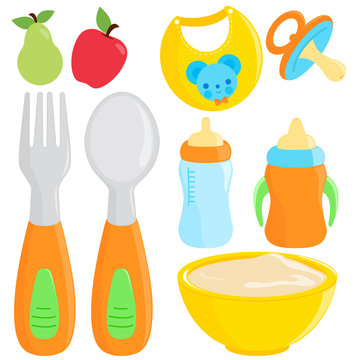 Baby food tableware set. Vector illustration collection