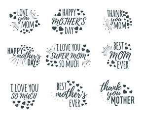 Set of Happy Mother's Day banner, logo, label and poster. Design of calligraphy and font greeting, wedding, celebration card.
