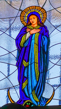 Colorful Virgin Mary Stained Glass Puebla Cathedral Mexico