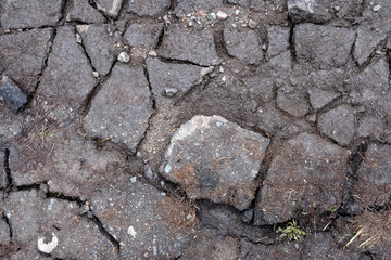 Poor condition of the road surface.  Cracked asphalt, risk of movement by car, bad asphalt, dangerous road.